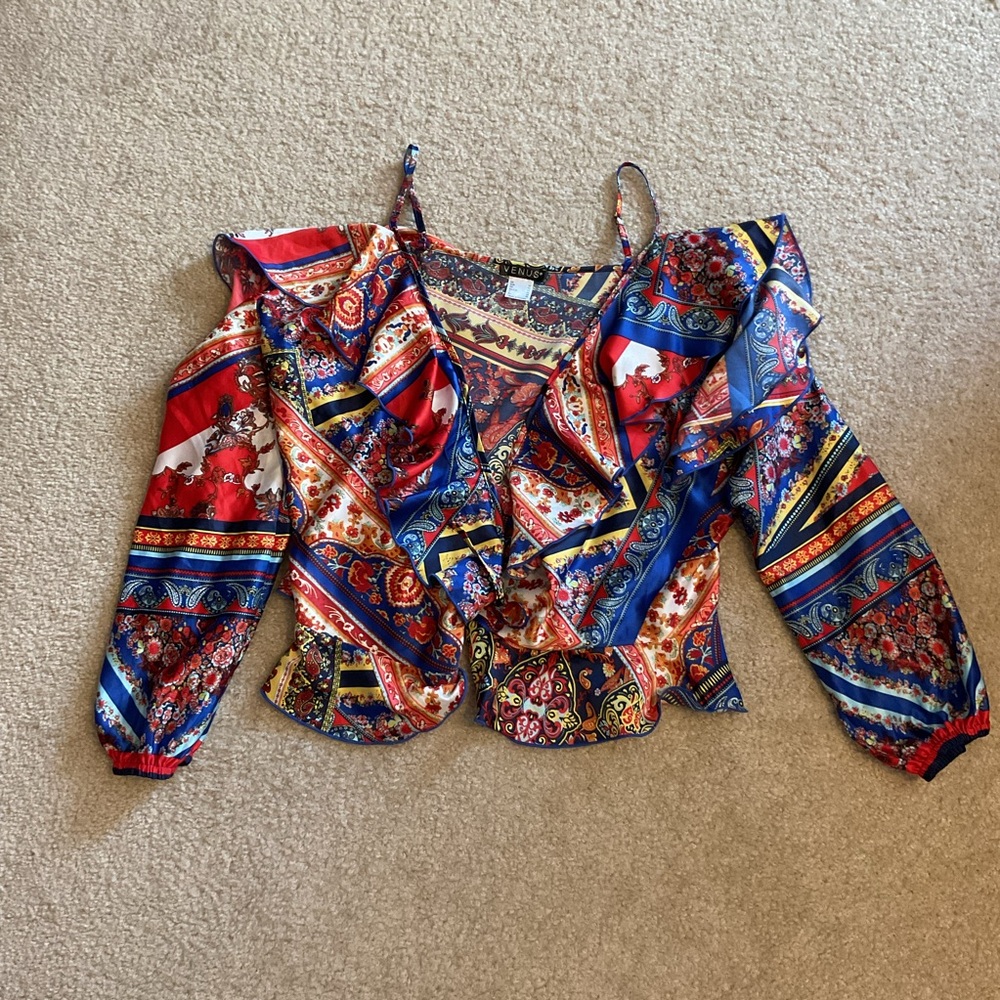 Venus Wrap Satin Blouse Print Cold Shoulder Peplum New Colorful Women’s Size 8 M - Picture 2 of 11